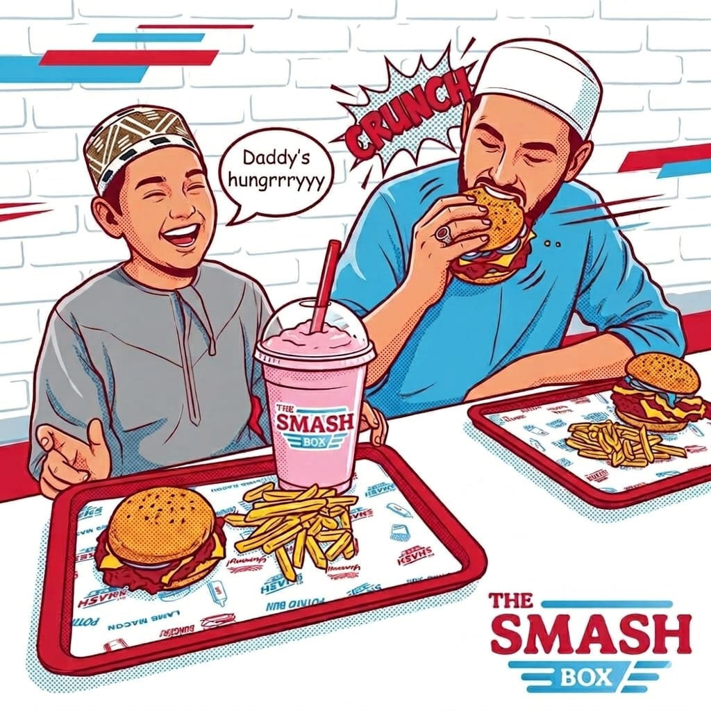 Family enjoying The Smash Box meal poster