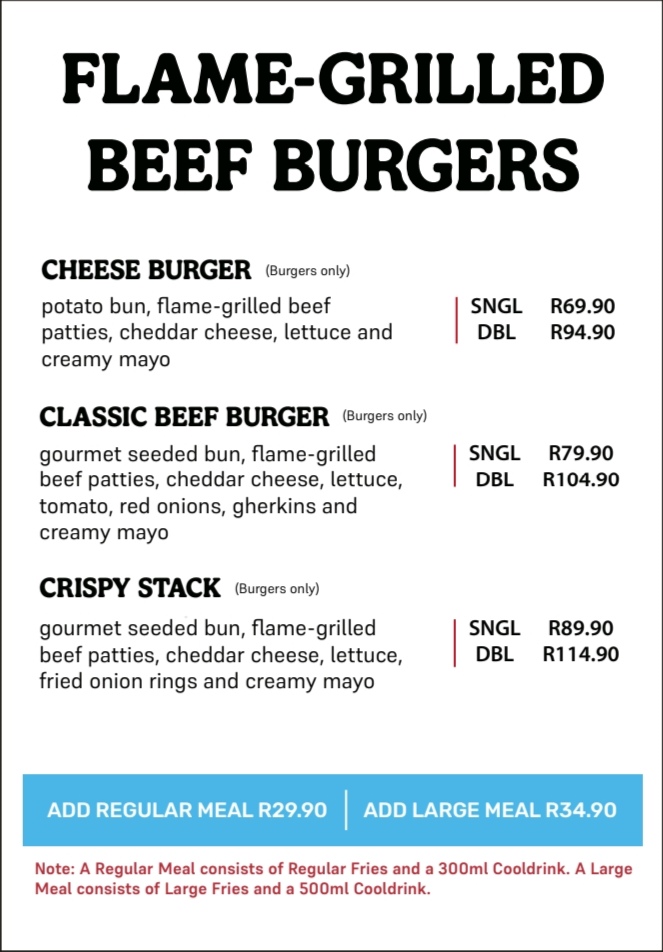 The Smash Box flame-grilled beef burger menu board with cheese burger, classic beef burger and crispy stack