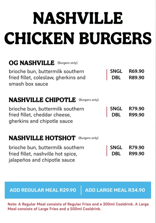 The Smash Box Nashville chicken burgers menu board with OG Nashville, Chipotle and Hotshot chicken burgers