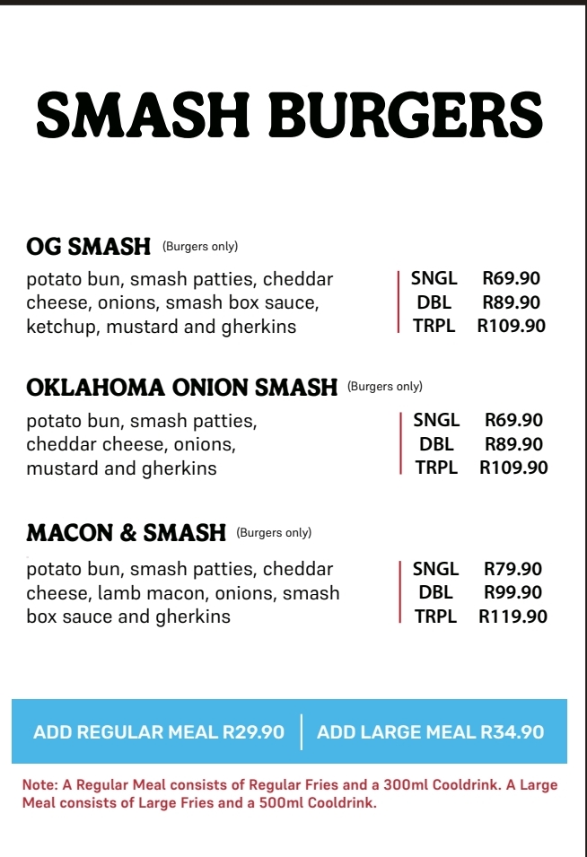 The Smash Box smash burgers menu board with OG Smash, Oklahoma Onion Smash and Macon Smash burgers