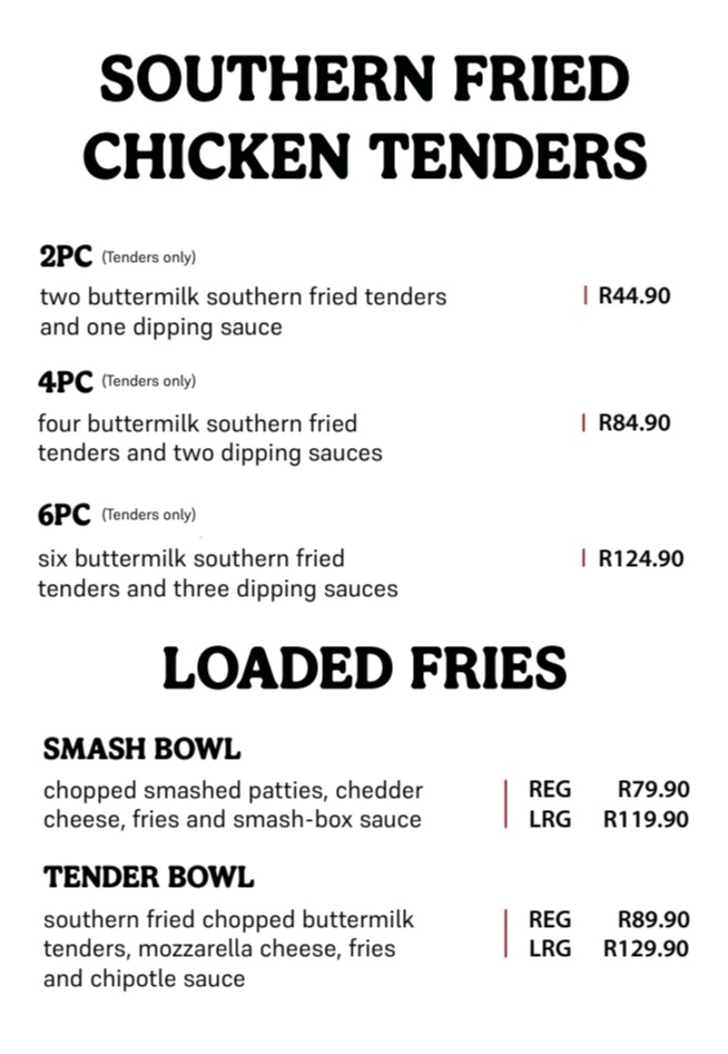 The Smash Box southern fried chicken tenders, loaded fries, Smash Bowl and Tender Bowl menu board